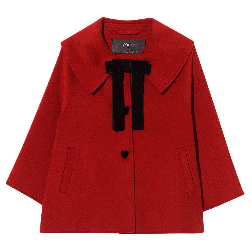 Chili Red Lapel Cape Woolen Coat GOELIA