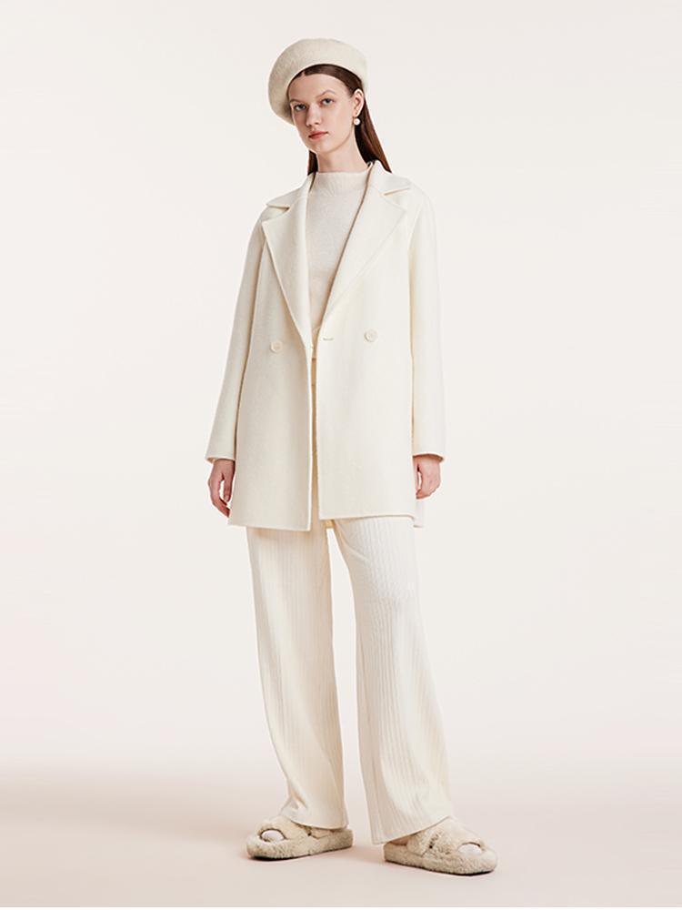 White Mid-Length Double-Faced Wool Coat With Detachable Collar GOELIA