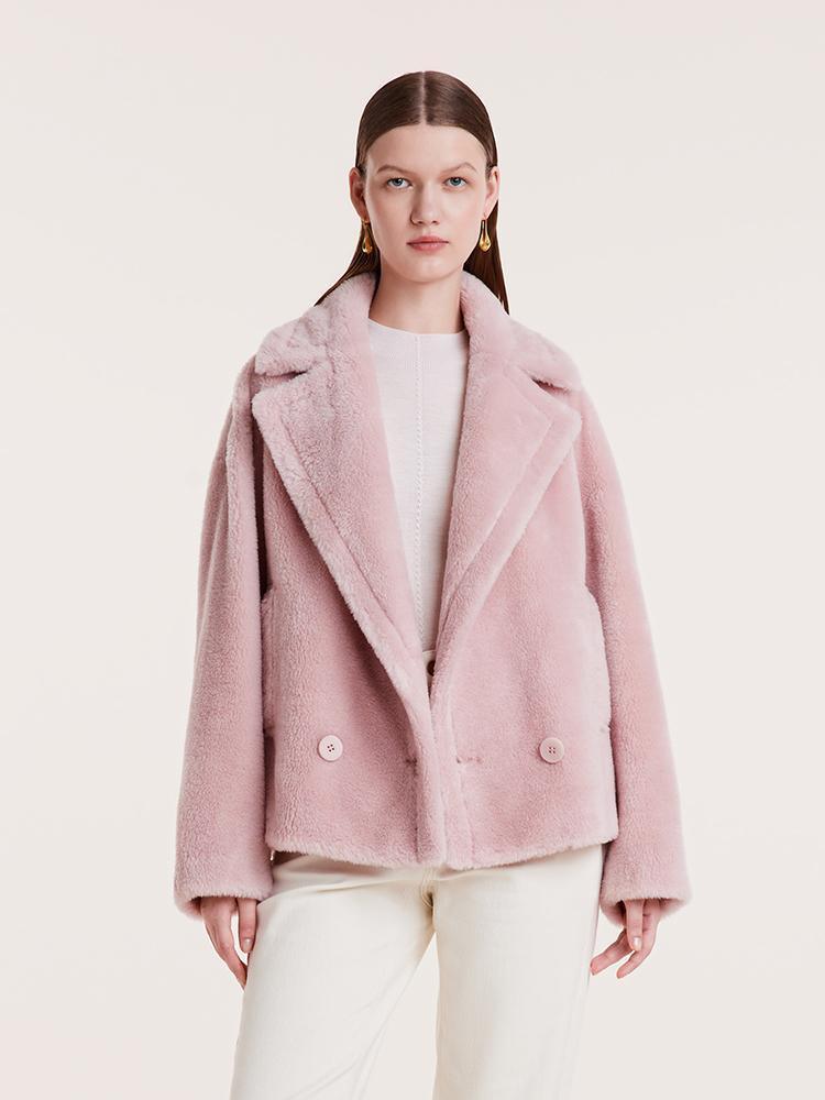 Lapel Double-Breasted Teddy Lamb Wool Short Coat GOELIA