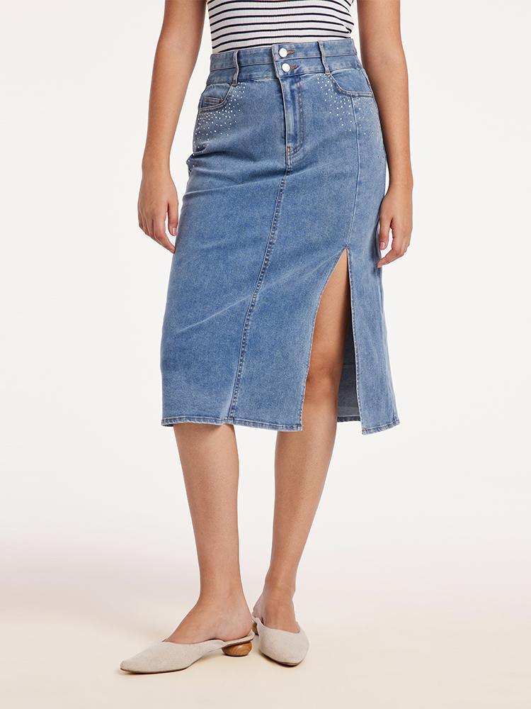 Blue High Waist Slit Denim Skirt GOELIA