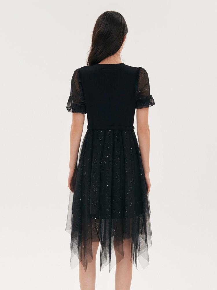 Black Sequins Patchwork Mesh Woollen Dress GOELIA