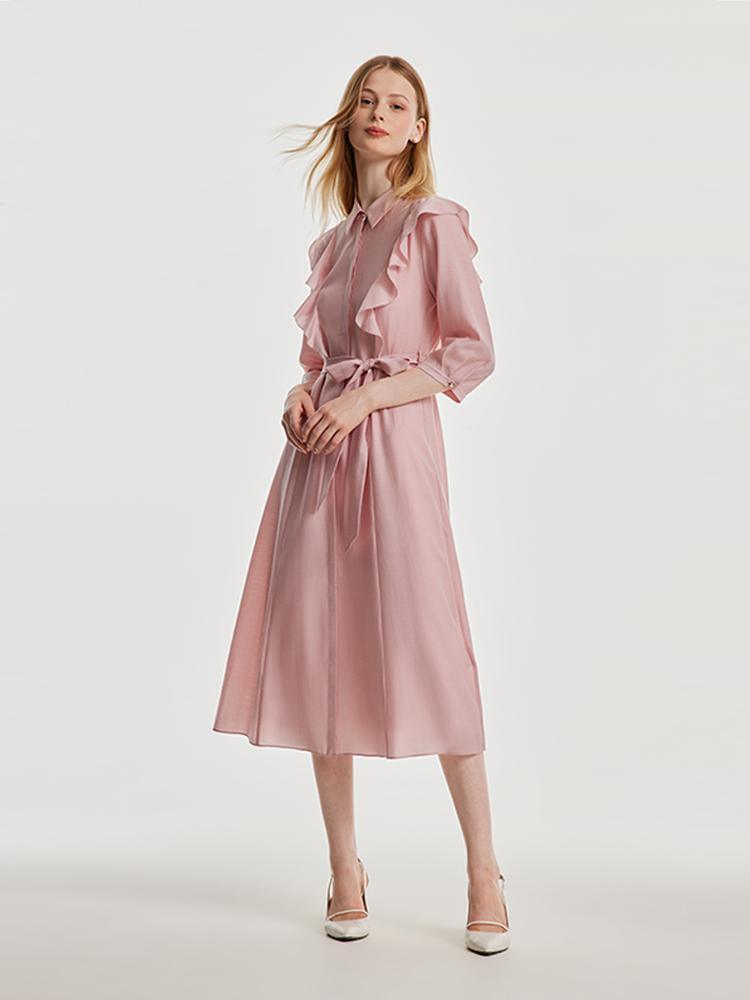 Ruffled Hem Acetate Dress With Belt GOELIA