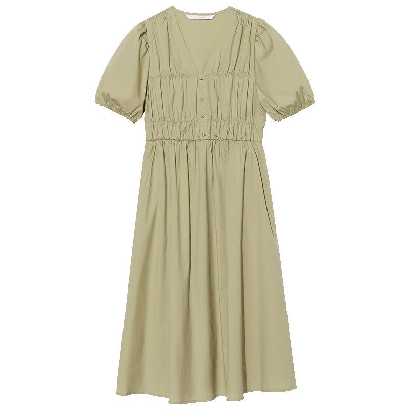 V-Neck Cotton Gathered Waist Dress GOELIA