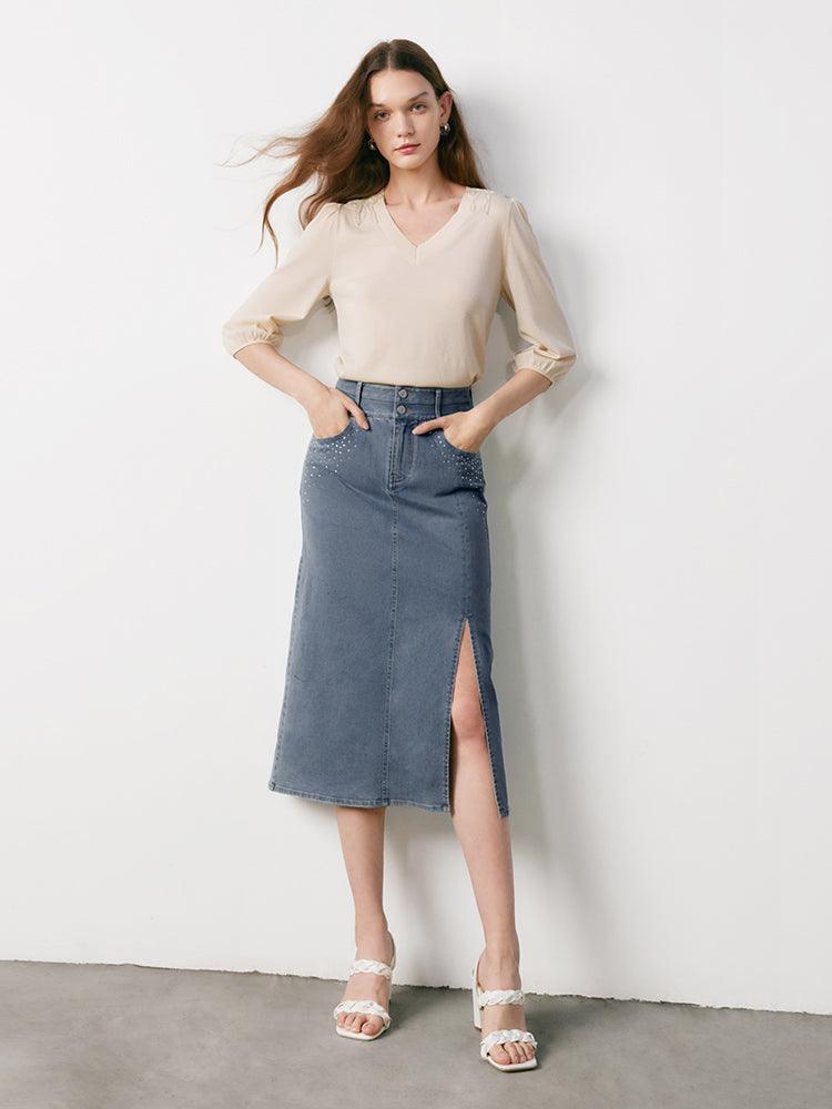 Blue High Waist Diamond Slit Jeans Skirt GOELIA