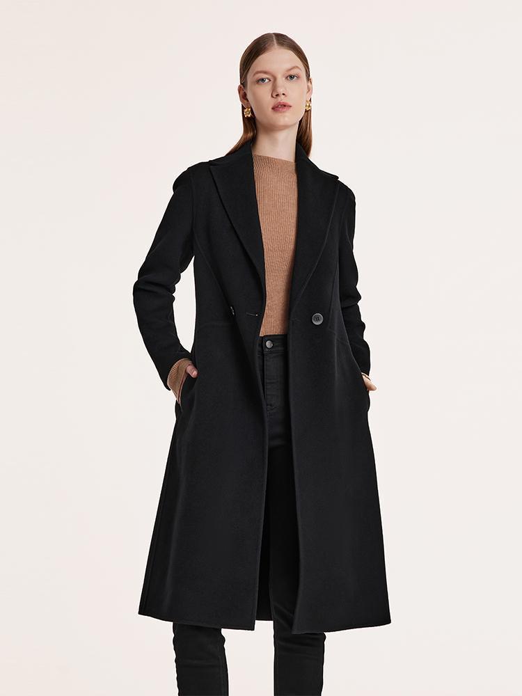 Manteau noir à revers cranté en laine et cachemire 