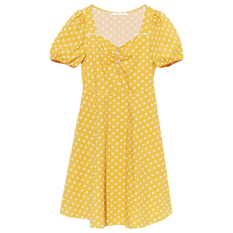 Yellow White Floral Print Square Neck Dress GOELIA