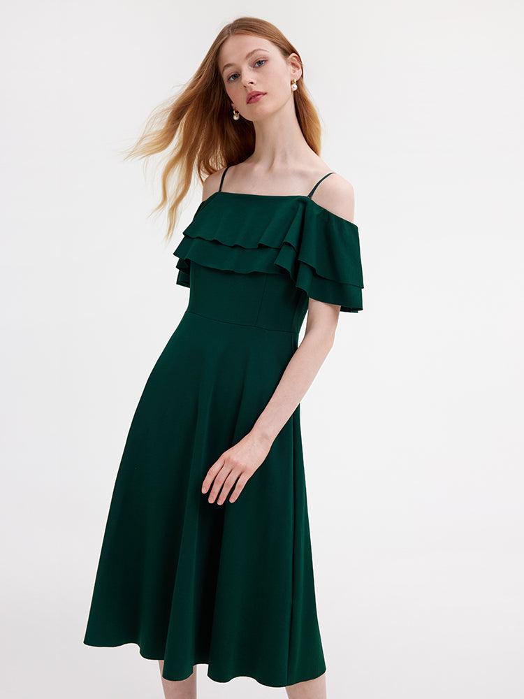 Off-Shoulder Ruffle Trim Knitted Dress GOELIA