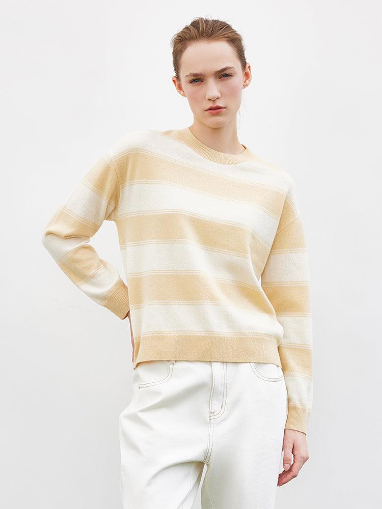 Cream Yellow&White Stripe Woolen Sweater GOELIA