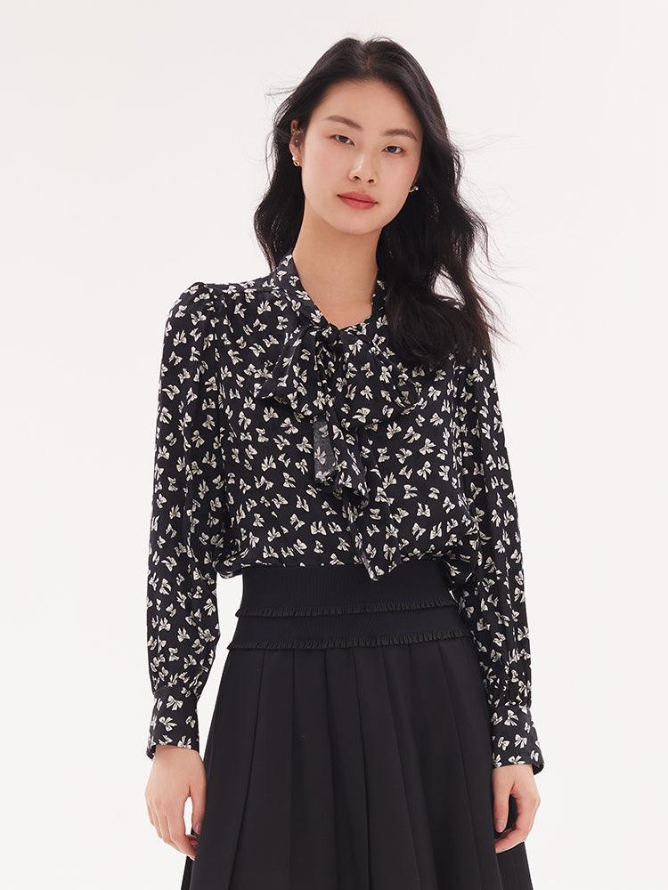 Bowknot Printed Long Sleeve Blouse GOELIA