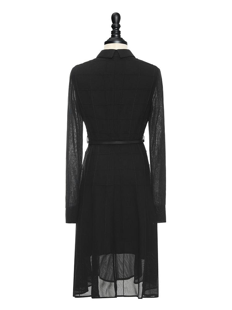 Black Triacetate Mesh Long Sleeve Dress With Belt GOELIA