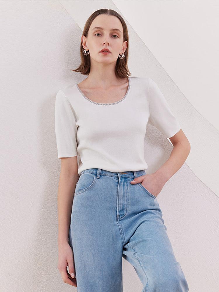 White Acetate Round Neck T-Shirt GOELIA