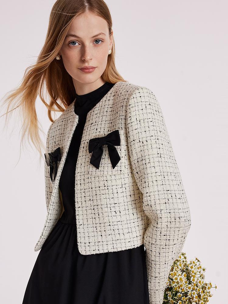 Wool Blend Tweed Short Jacket And Long Sleeve Dress Set GOELIA