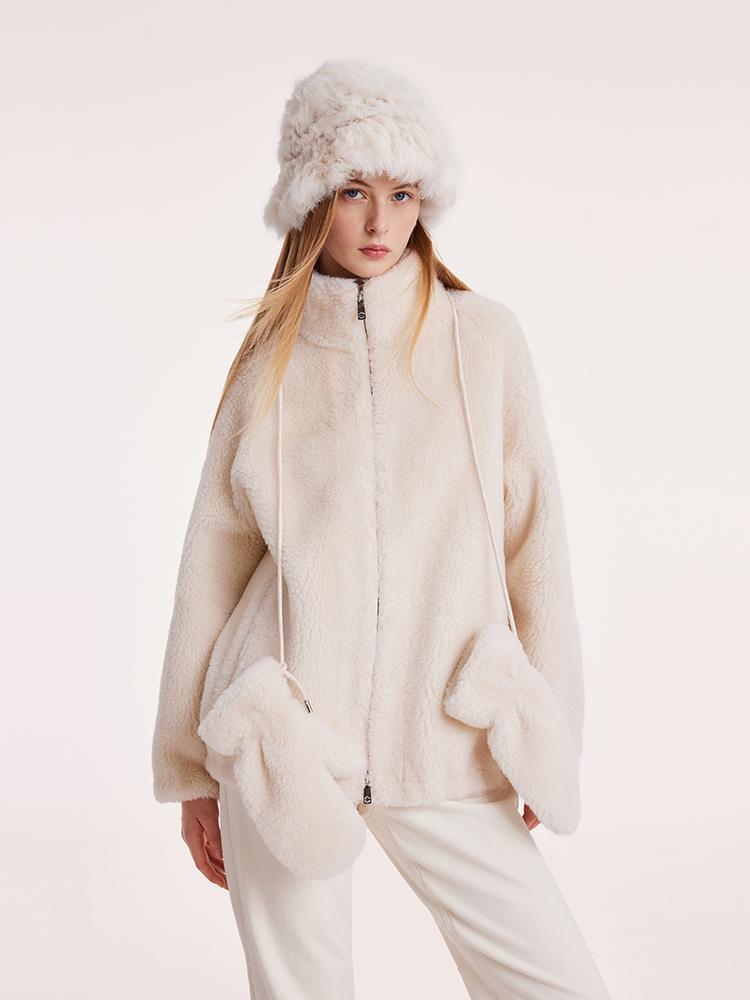 Short Stand Collar Zippered Velour Coat With Gloves