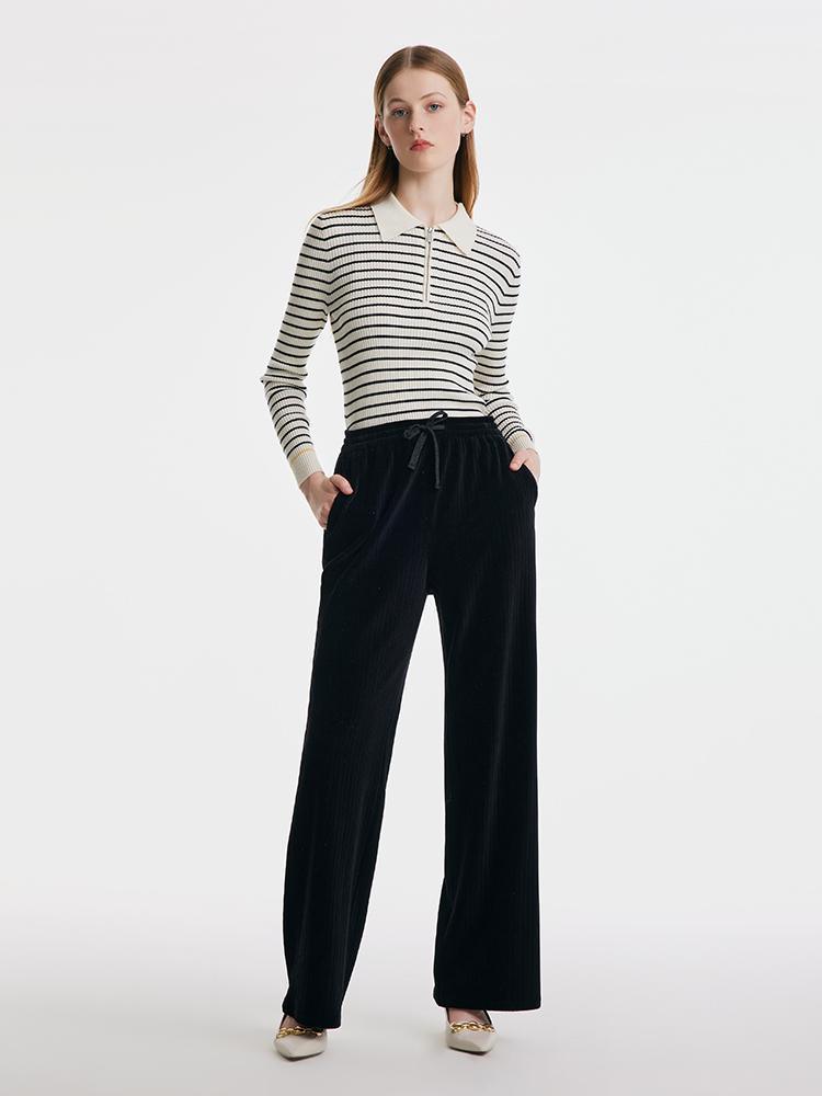 Waist Drawstring Knitted Velvet Straight Pants GOELIA