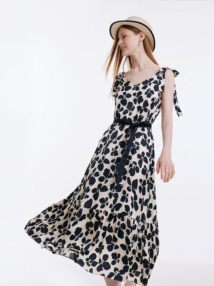 Black Floral Tie-Strap Dress GOELIA