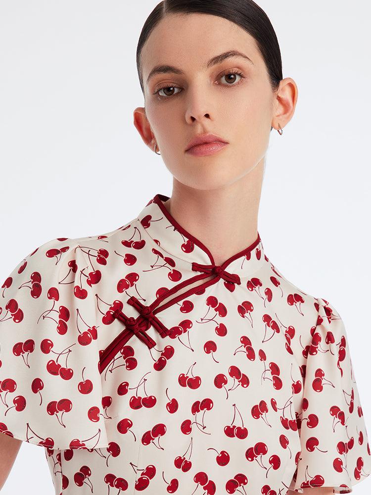 Mandarin Collar Cherry Print Cheongsam Midi Dress GOELIA