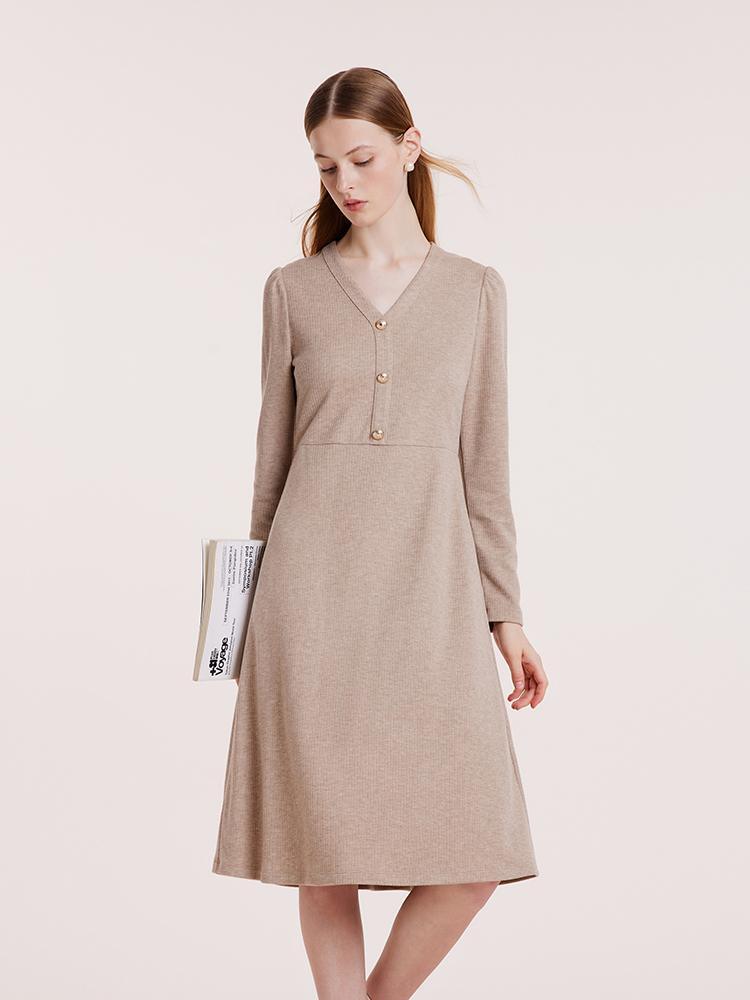 Beige Knit V-Neck Dress
