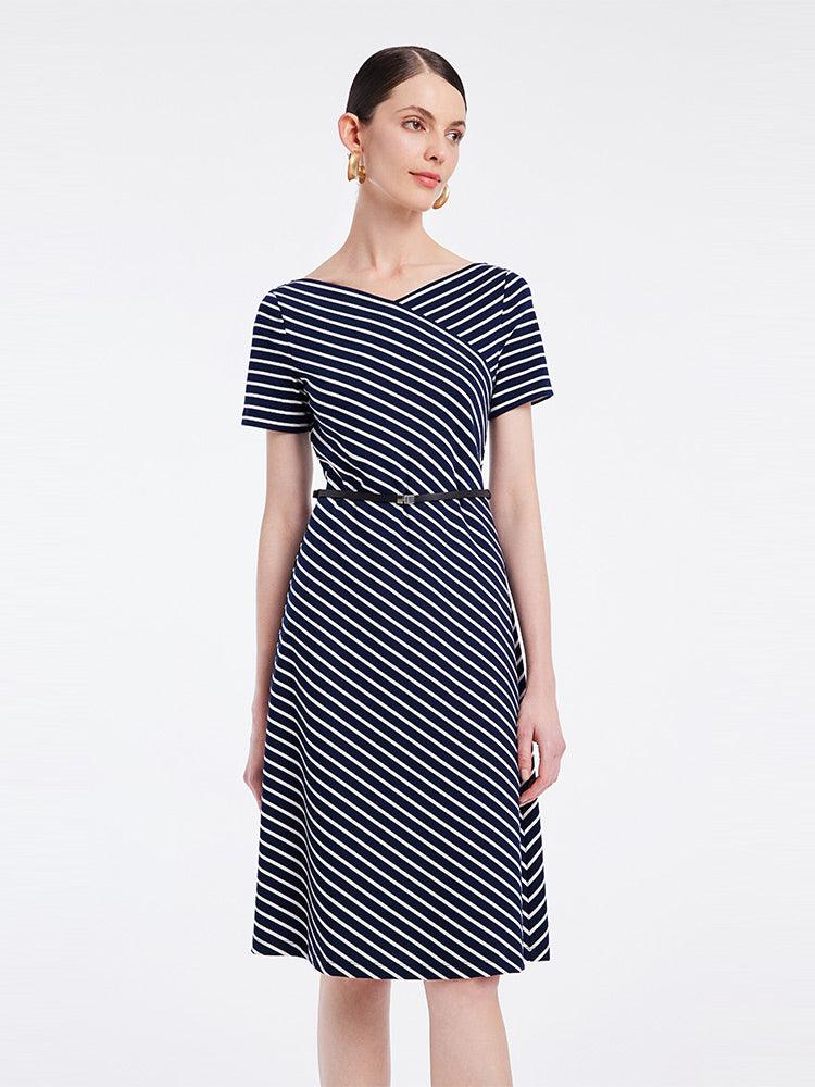 Knitted Stripe Dress With Leather Belt GOELIA