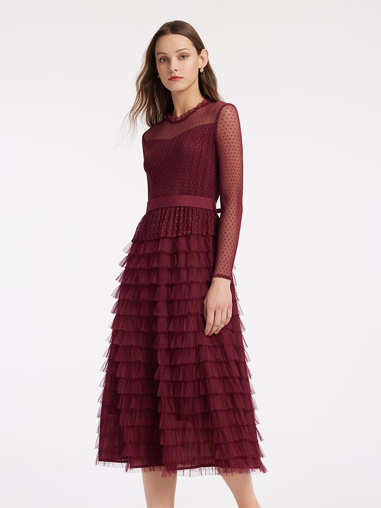 Pleated Tiered Sheer Sleeve Cake Midi Dress GOELIA