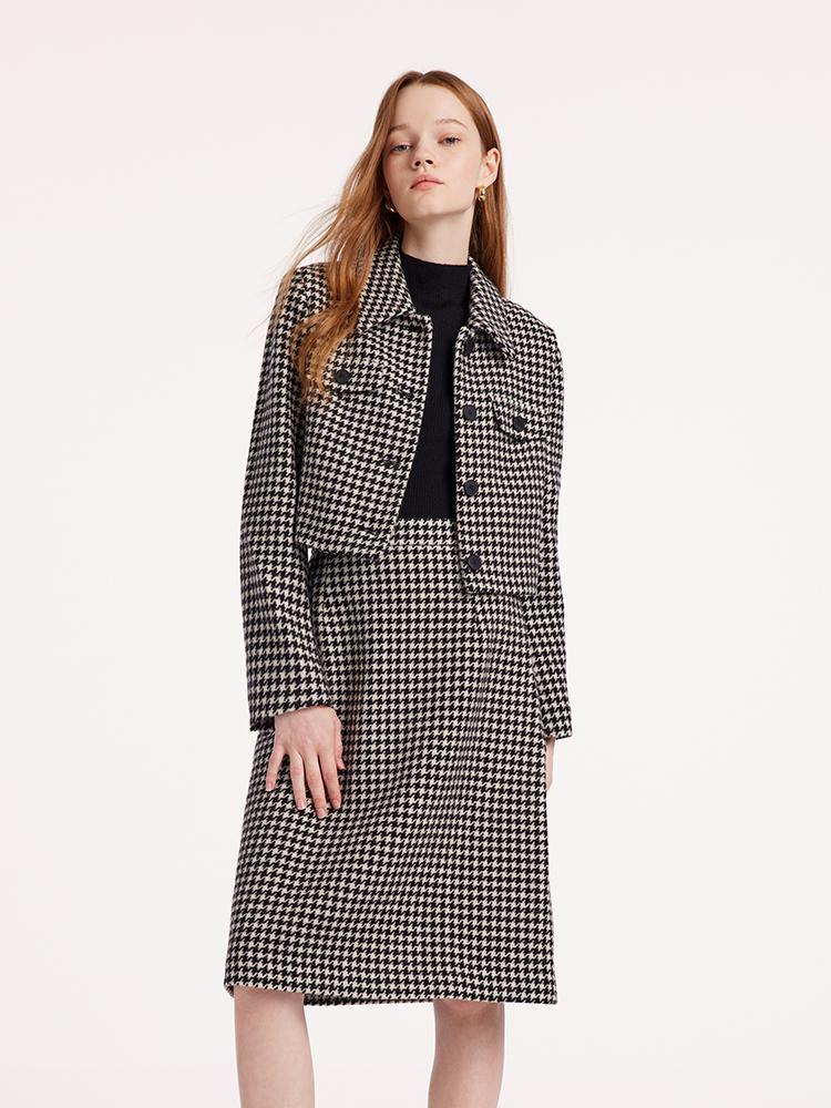 Washable Wool Houndstooth Jacket And Sweater And Skirt Suit GOELIA