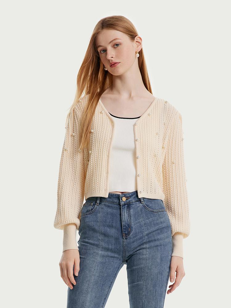 V-neck Beaded Knit Woolen Cardigan GOELIA