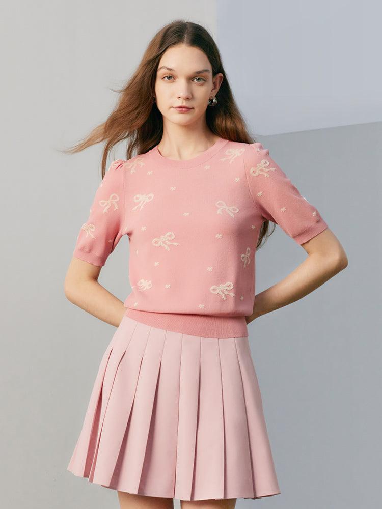 Pink Bow knot Print Jacquard Top GOELIA