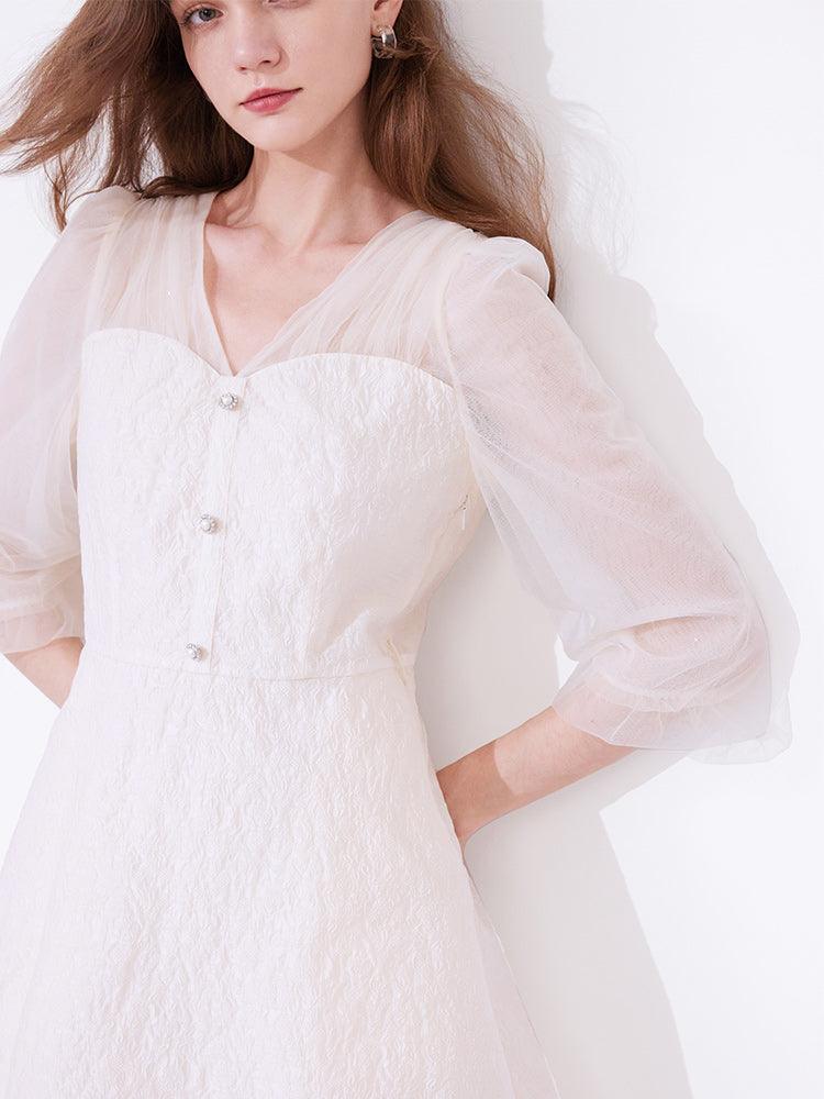 White Mesh Half-Sleeve V-neck Jacquard Dress GOELIA