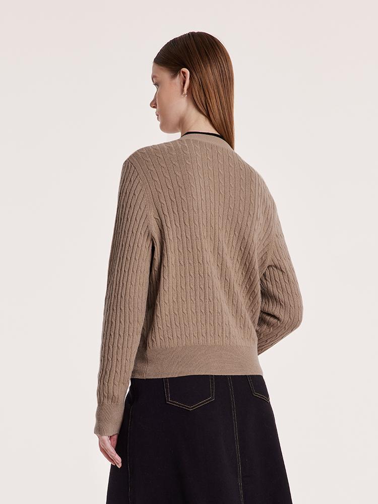 Camel Pure Cashmere V-Neck Cable Knit Cardigan GOELIA