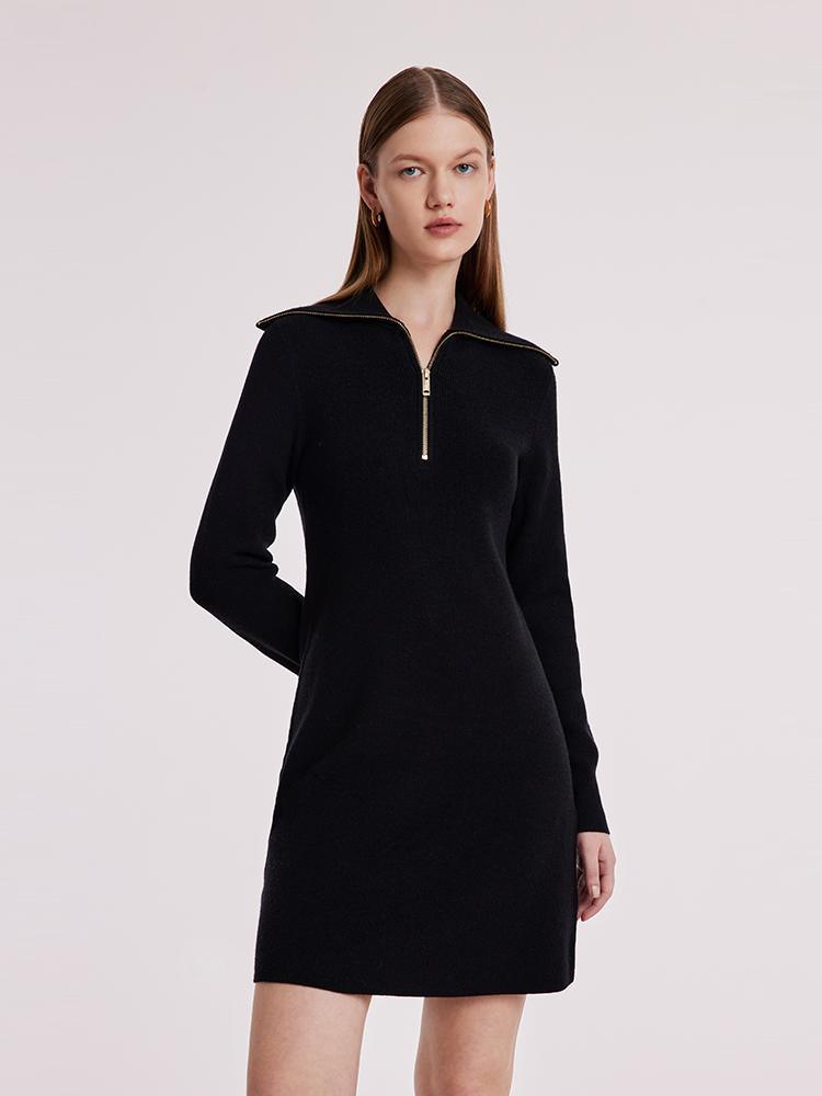 Black Wool Knit Lapel Dress With Zip GOELIA