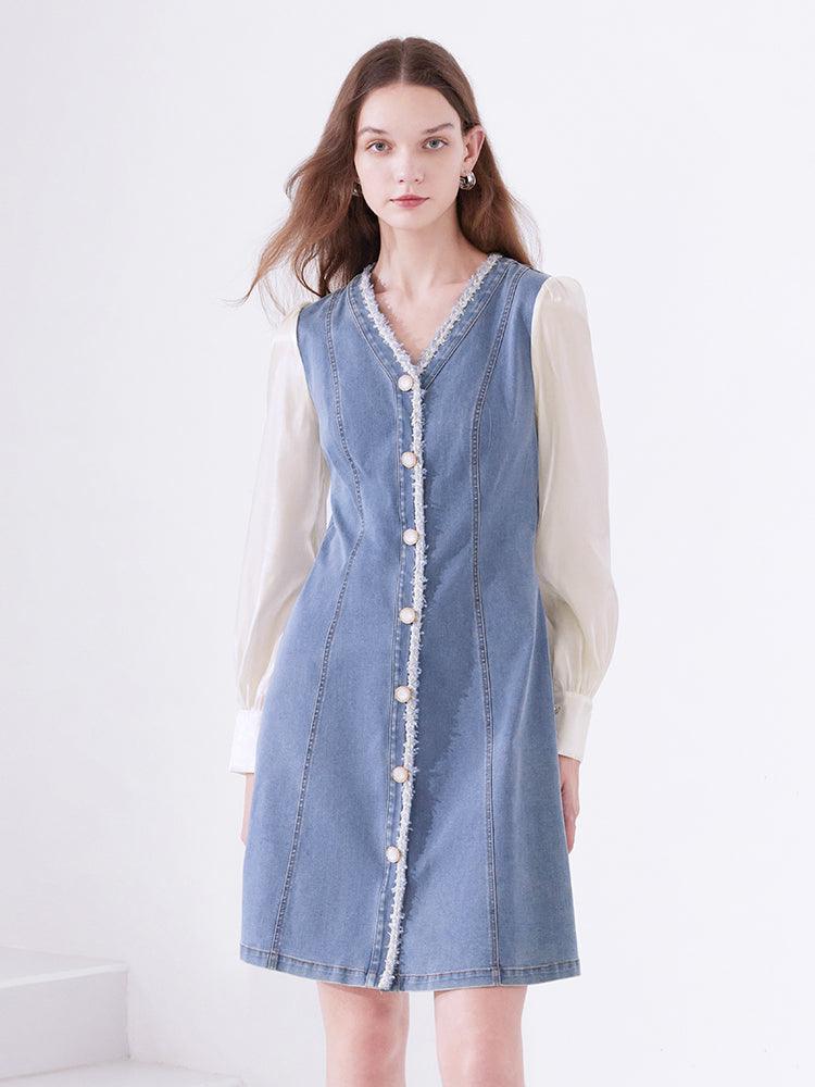 White&Blue Double-Breasted Long-Sleeve Tweed Jeans Dress GOELIA