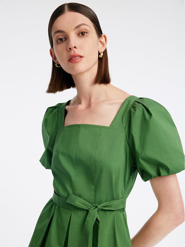 Green Square Neck Puff Sleeve A-Line Dress GOELIA