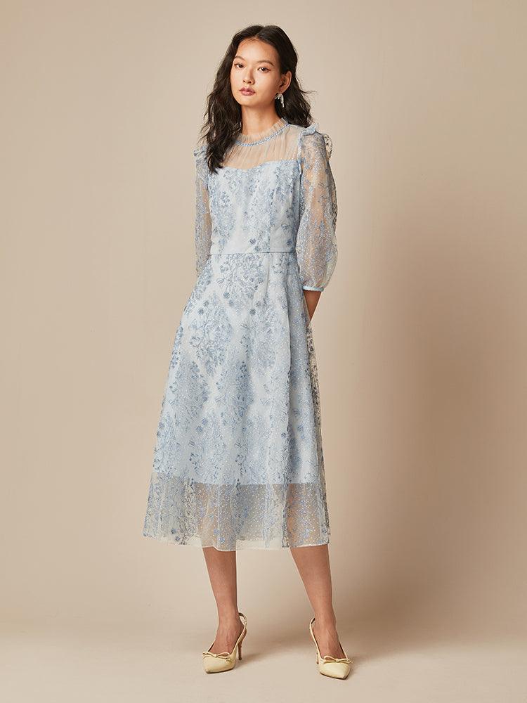 Blue See-Through Mesh Embroidered Dress GOELIA