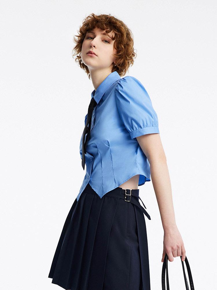 Blue Bubble Sleeve Short Waist Shirt (With Tie) GOELIA