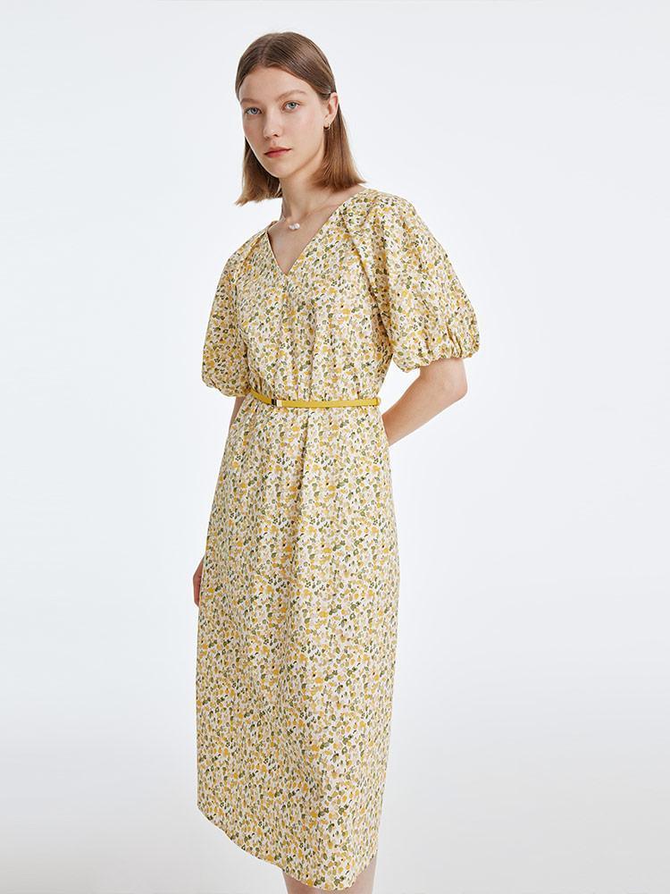 Yellow Floral Puff Sleeve Dress GOELIA