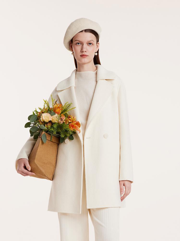 White Mid-Length Double-Faced Wool Coat With Detachable Collar GOELIA