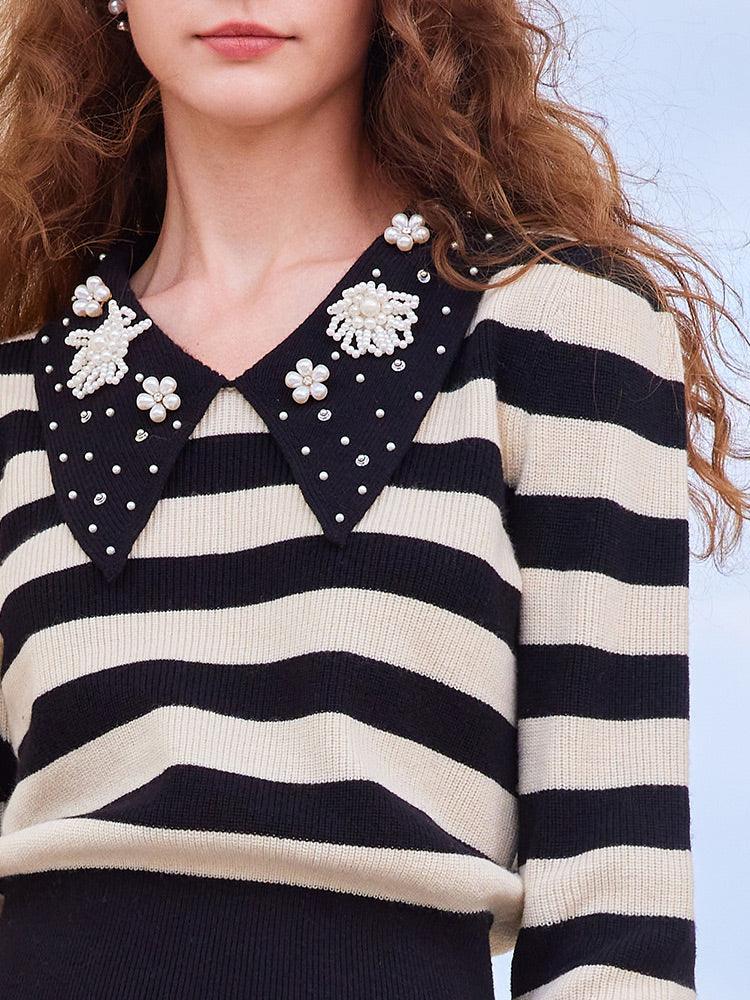 Black&White Stripe Pearl Lapel Collar Knitwear GOELIA