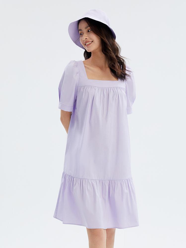 Purple Square Neck Cotton Dress With Hat GOELIA