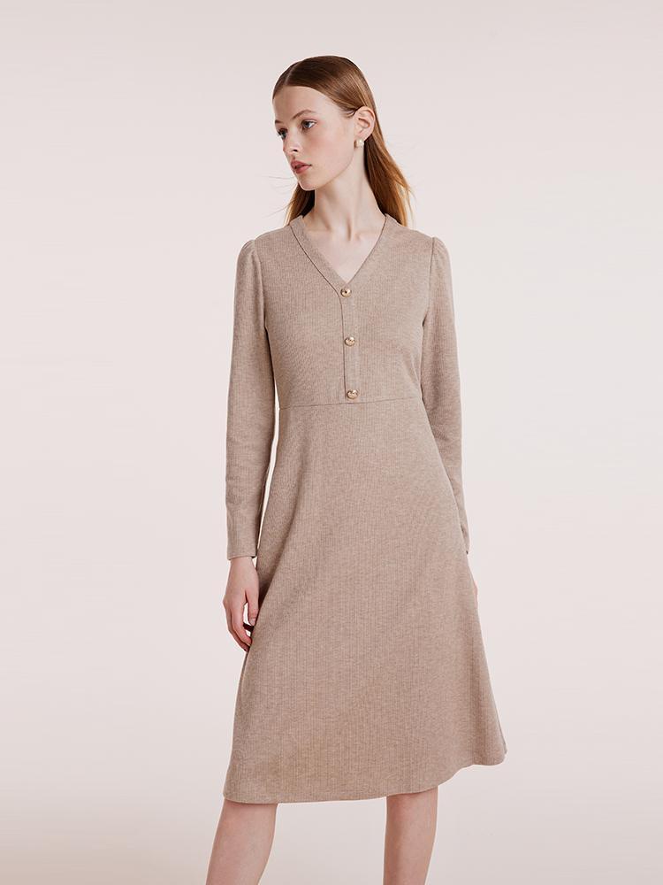 Beige Knit V-Neck Dress GOELIA