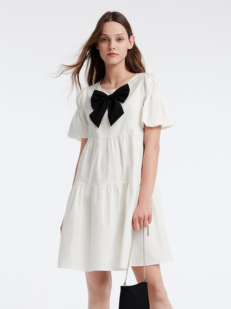 Bow Wrapped Lotus Sleeve Small White Dress GOELIA