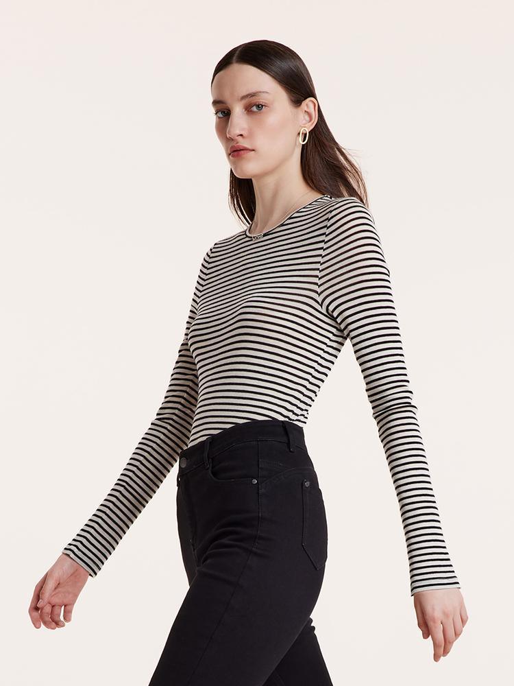 Washable Wool Striped Round Neck Sheath Sweater GOELIA