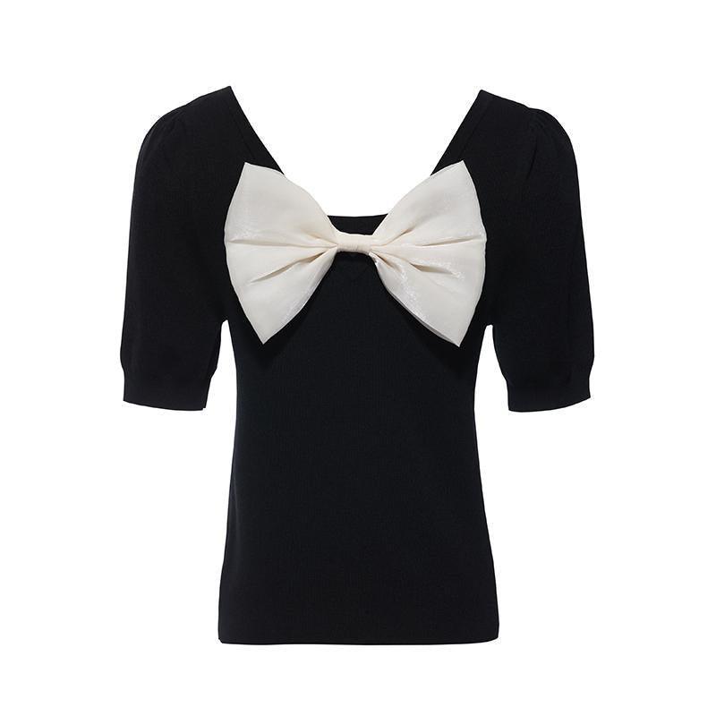 Black Knitted Tops With Bow GOELIA