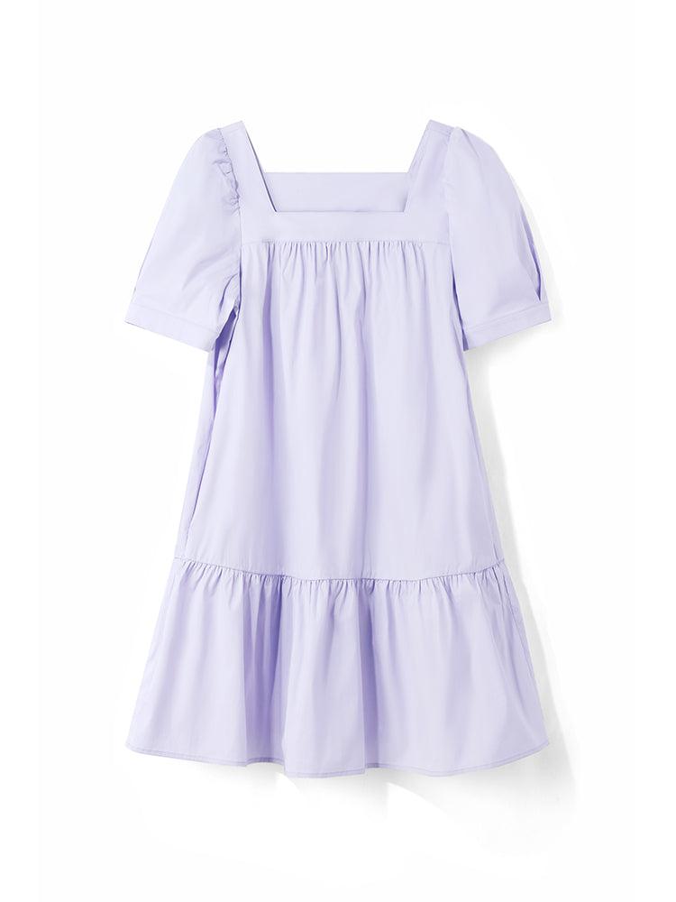 Purple Square Neck Cotton Dress With Hat GOELIA