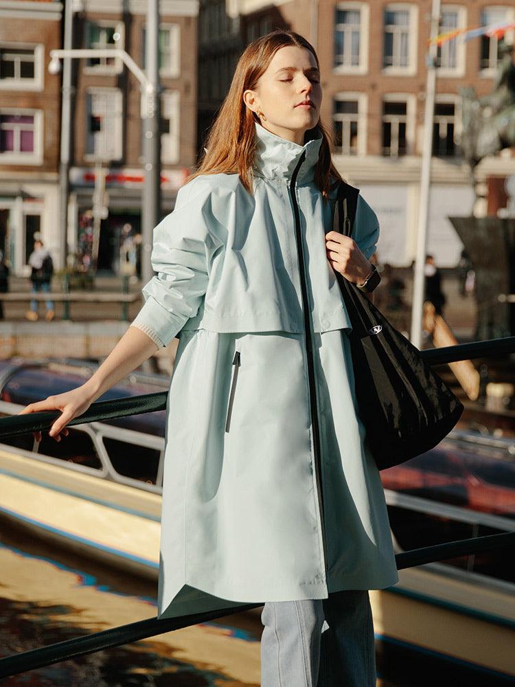 Sea Blue Hoodie Silm Trench Coat GOELIA