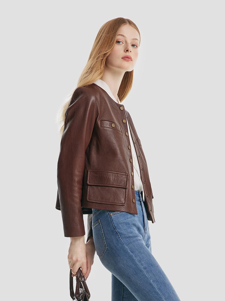 Round-neck Goat Leather Jacket GOELIA