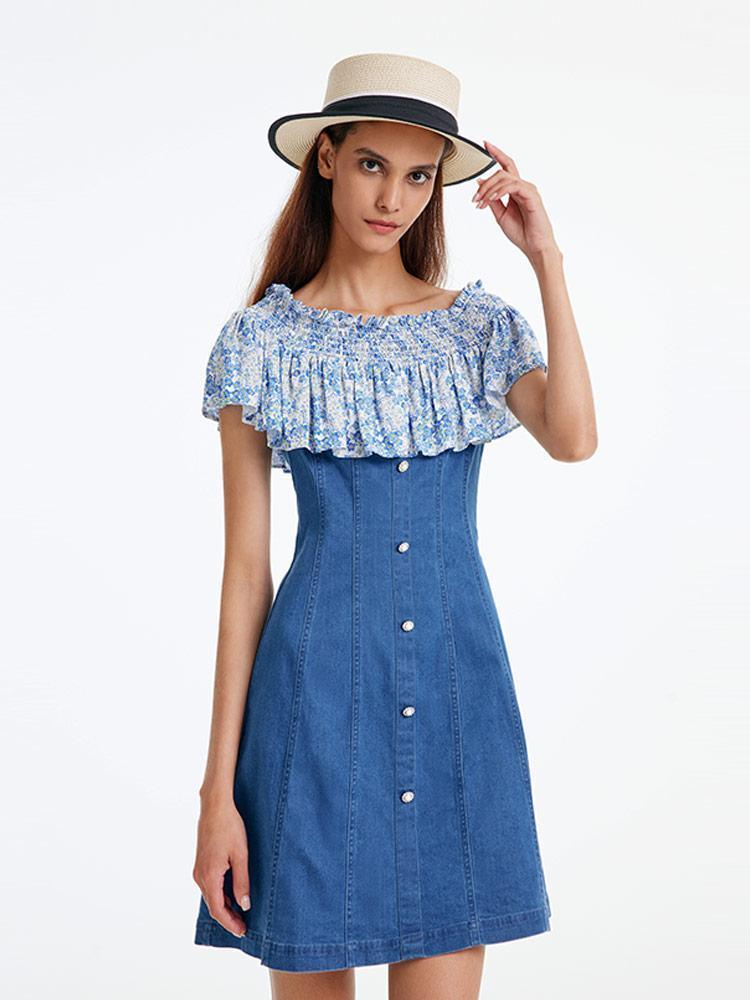 Denim Dress With Patchwork Floral GOELIA