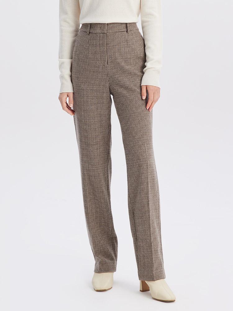 Beige Houndstooth Washable Woolen Pants GOELIA