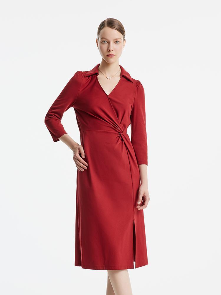 Red V-Neck Ruched Dress GOELIA