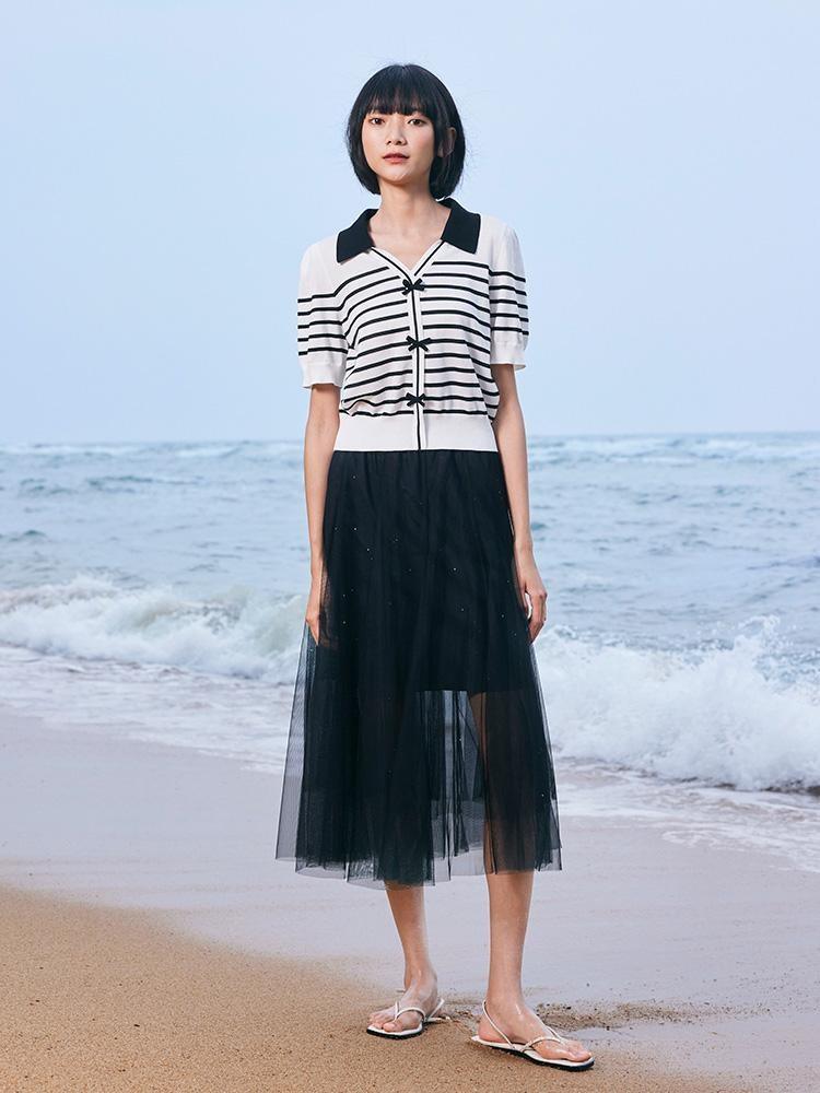 Two-Piece Set Knitted Cardigan And Tulle Skirt GOELIA