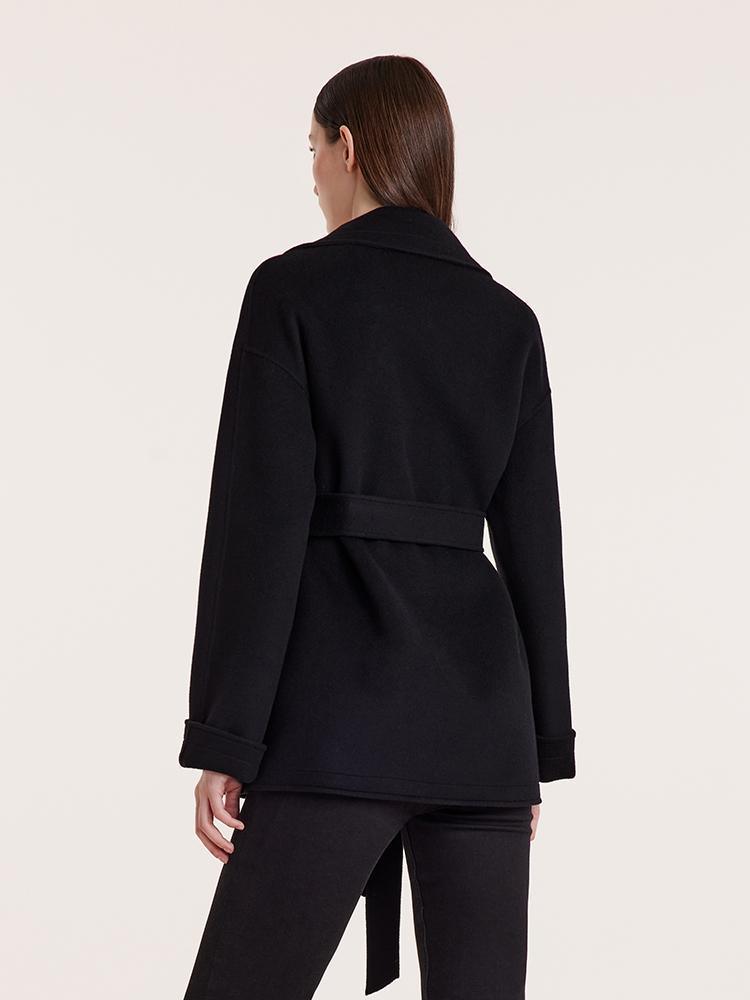 Tencel Wool Lapel Double-Faced Short Coat With Belt GOELIA