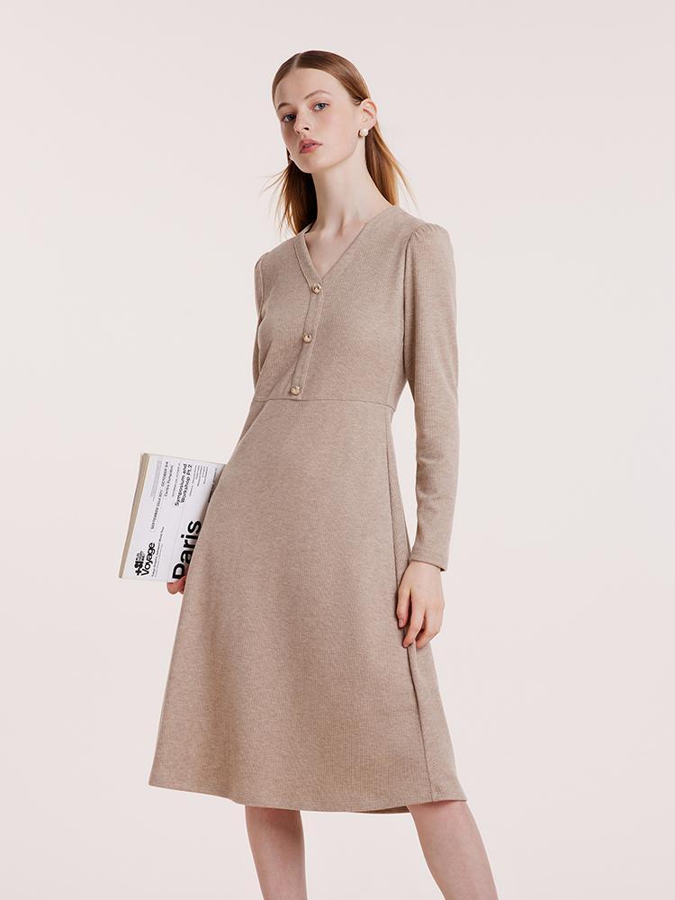 Beige Knit V-Neck Dress GOELIA